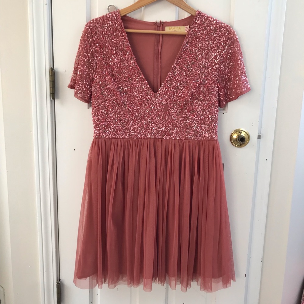 MAYA Petite Plunge Neck Embellished Tulle Dress - Picture 3 of 4